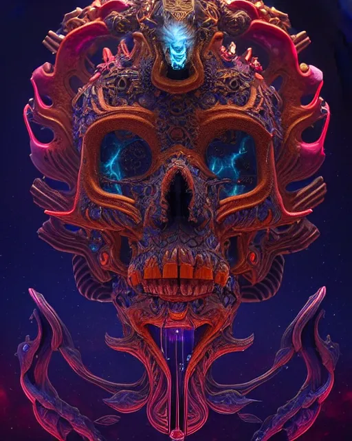 Image similar to 3 d ornate carved dark cosmic warrior with profile portrait, sigma 5 0 0 mm f / 5. beautiful intricate highly detailed quetzalcoatl skull. bioluminescent, plasma, lava, ice, water, wind, creature, thunderstorm! artwork by tooth wu and wlop and beeple and greg rutkowski, 8 k trending on artstation