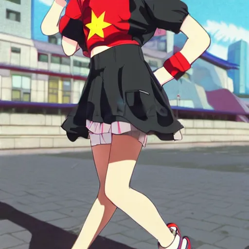 Image similar to 1 5 - year - old french anime girl, black beret with red star, black t - shirt with red star, black shorts, rollerblading, rollerskates, cel - shading, 2 0 0 1 anime, flcl, jet set radio future, golden hour, japanese town, cel - shaded, strong shadows, vivid hues, y 2 k aesthetic