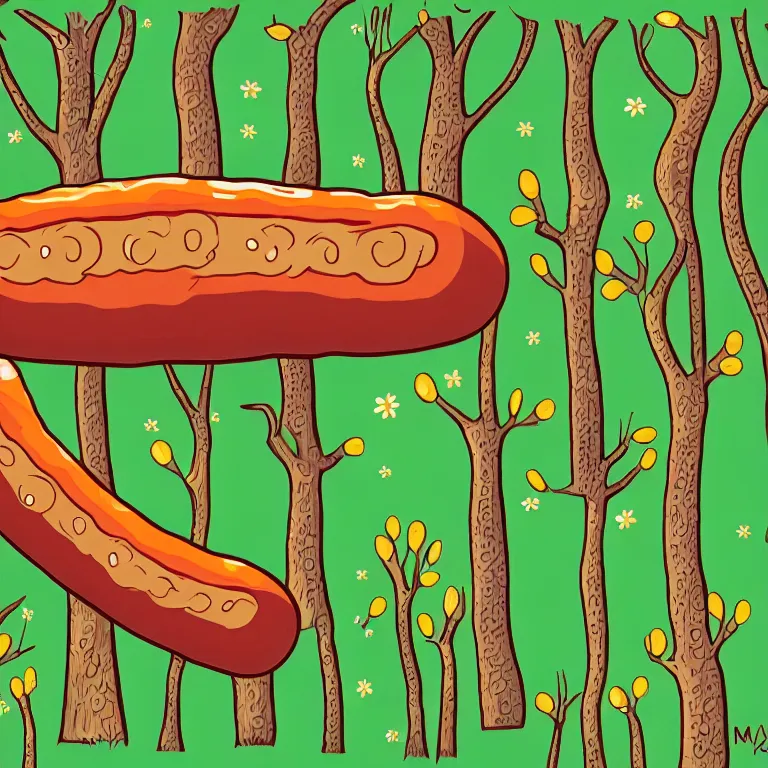 Prompt: illustration of a forest with a giant sausage, highly detailed, by Malika Fayre