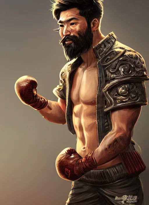 Image similar to a highly detailed illustration of bearded asian man wearing leather jacket with bandaged right hand, focused boxing philly shell stance pose, hands shielding face, intricate, elegant, highly detailed, centered, digital painting, artstation, concept art, smooth, sharp focus, league of legends concept art, WLOP