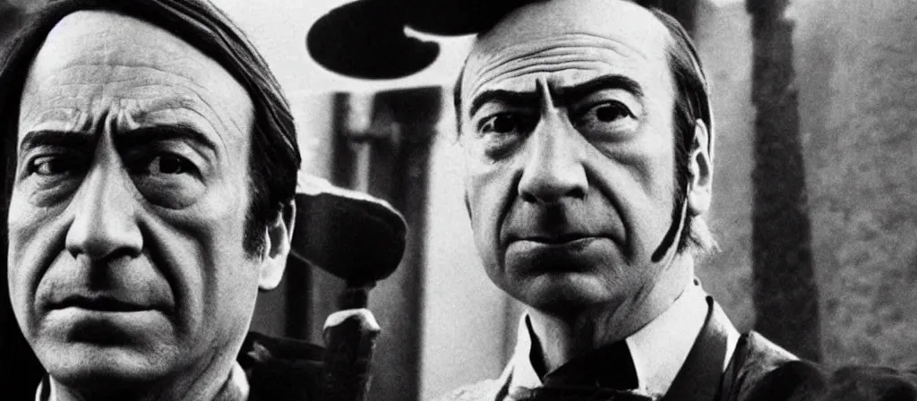 Prompt: A still of Saul Goodman as a samurai in an Akira Kurosawa film, black and white, epic