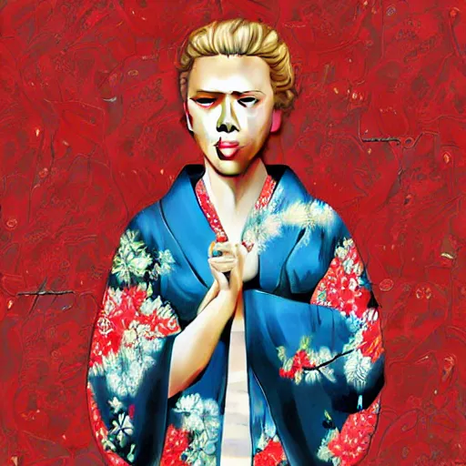 Image similar to scarlett johansson wearing kimono, digital art, extremely detailed