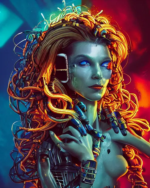 Image similar to a cyberpunk extreme close up portrait of cyborg medusa, electricity, snakes in hair, sparks, bokeh, soft focus, skin tones, warm, blue, sunny sky, by paul lehr, jesper ejsing