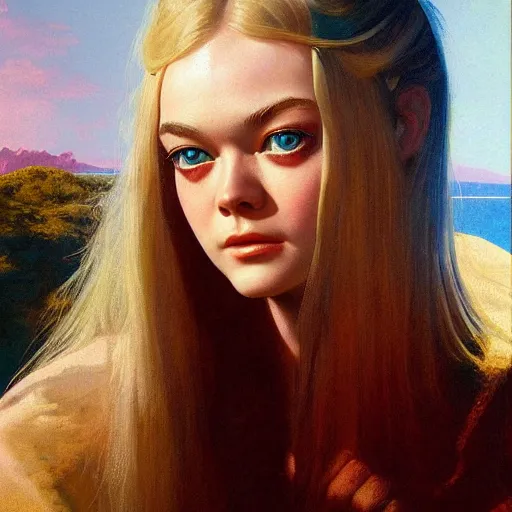Prompt: ultra realistic portrait painting of elle fanning in the world of bruce pennington, art by frank frazetta, 4 k, ultra realistic, highly detailed, epic lighting