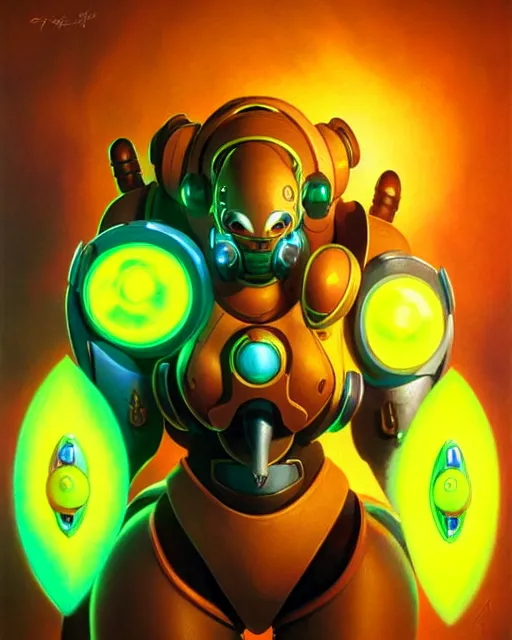 Image similar to orisa from overwatch, character portrait, portrait, close up, vintage fantasy art, vintage sci - fi art, radiant light, caustics, by boris vallejo