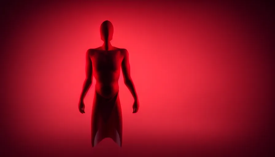 Image similar to enigmatic figure wrapped in red sheet in darkness, high contrast, hard light, digital art, rendering, cloth simulation, redshift