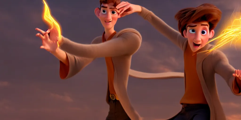 Image similar to a epic scene of a handsome young caucasian male sorcerer with brown hair casting a spell that is emanating from his hands, action pose, medium shot, depth of field, sharp focus, waist up, award winning animation, pixar and dreamworks animation style