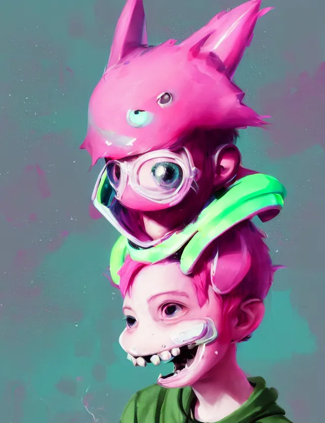 Image similar to a beautiful headshot portrait of a cute splatoon anime male with pink hair and pink wolf ears wearing a green hoodie. character design by cory loftis, fenghua zhong, ryohei hase, ismail inceoglu and ruan jia. artstation, volumetric light, detailed, photorealistic, fantasy, rendered in octane