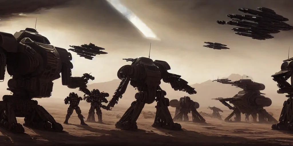 Image similar to hyper realistic sci - fi matte concept art painting of epic cinematic battle between mechwarriors and soldiers fighting on mars, guns, missiles, explosions, beautiful details, strong composition painted by kim jung guweta studio rutkowski, james gurney and greg rutkowski, and lucasfilm, smooth, intricate, detailed, sharp focus, cinematic