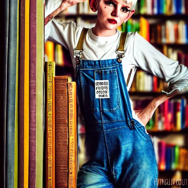 Prompt: full body pose, beautiful adult library fairy, pixar, short white hair shaved sides, dirty, grungy, grunge, long sleeve, painted overalls, stacks of giant books, highly detailed, 4 k, hdr, smooth, sharp focus, high resolution, award - winning photo, artgerm, photorealistic