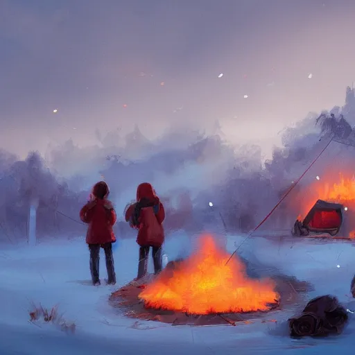 Image similar to a camp with tents on fire, burning down, shadows of 3 girls watching the camp burn, snow, dusk, painted by Sylvain Sarrailh, trending on Artstation