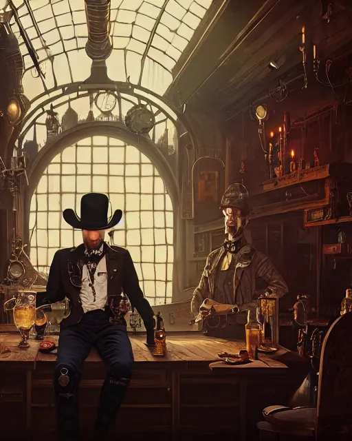 Image similar to highly detailed surreal vfx portrait of a steampunk cowboy in a gothic saloon, stephen bliss, unreal engine, greg rutkowski, loish, rhads, beeple, makoto shinkai and lois van baarle, ilya kuvshinov, rossdraws, tom bagshaw, alphonse mucha, global illumination, detailed and intricate environment