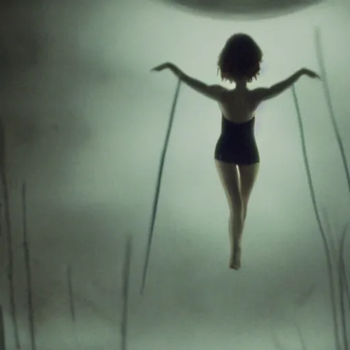 Prompt: movie still of a girl floating, cinematic composition, cinematic light, surreal cinema, dream effect, dream atmosphere, by edgar wright and david lynch,