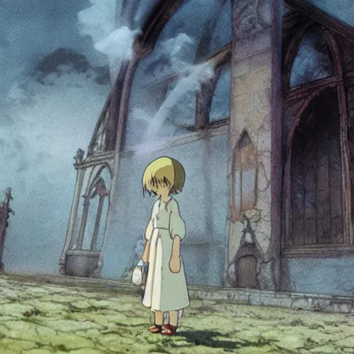 Image similar to ghost of a young girl, a burnt out church, wisps of smoke, photorealism, cel shaded, studio ghibli, hayao miyazaki