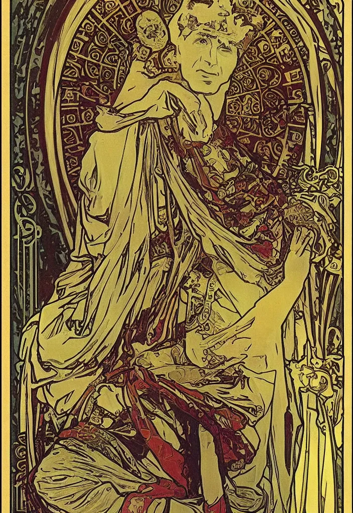 Image similar to geoffrey hinton as the emperor on a tarot card, tarot in art style by alphonse mucha