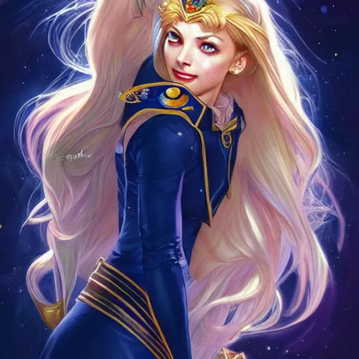 Image similar to Kristin Kreuk with blonde hair as Sailor Moon, western, D&D, fantasy, intricate, elegant, highly detailed, digital painting, artstation, concept art, matte, sharp focus, illustration, art by Artgerm and Greg Rutkowski and Alphonse Mucha