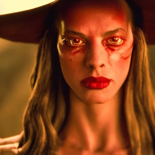 Image similar to film still of jar jar binks as a female cowgirl, long eyeslashes, big juicy lips, big seductive eyes, dramatic cinematic lighting, beautiful magic hour lighting, dolce & gabbana campaign