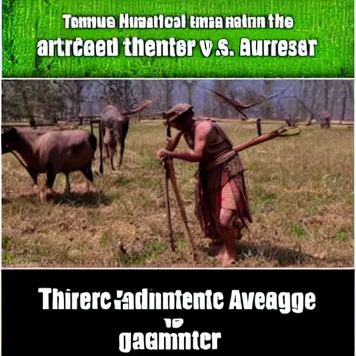Image similar to Meme about ancient times, hunter-gatherer vs the average agriculture user