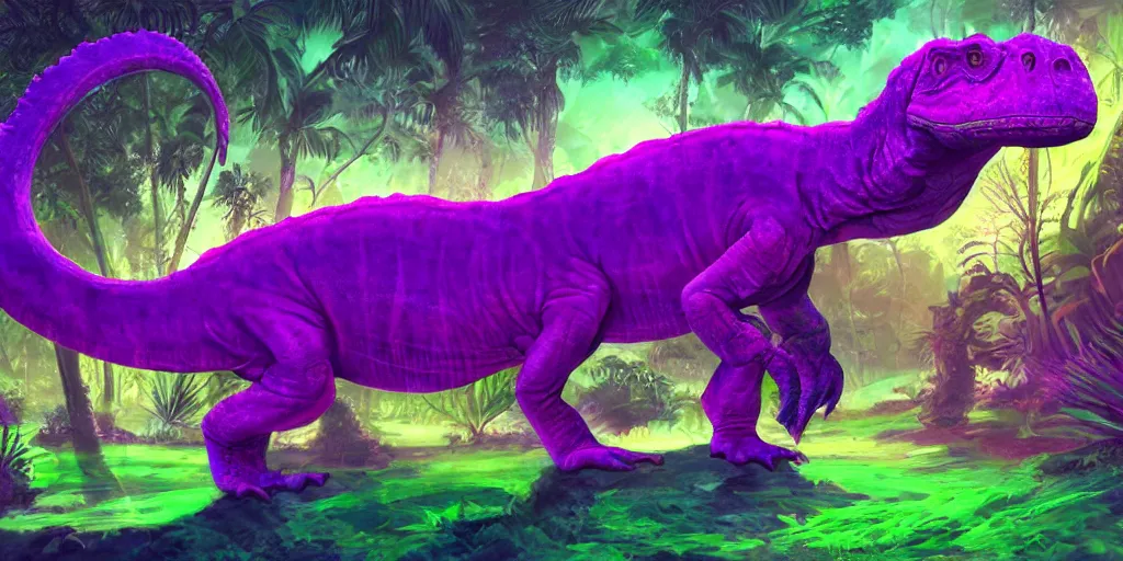 Prompt: spectral purple neon dinosaur, green jungle background, detailed, fantasy, oil painting, ultrawide landscape, concept art