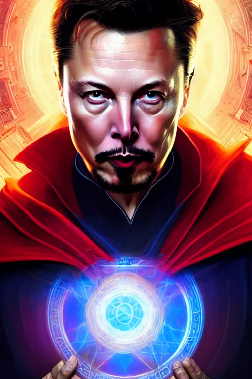 Image similar to elon musk as dr strange, realistic portrait, symmetrical, highly detailed, digital painting, artstation, concept art, smooth, sharp focus, illustration, cinematic lighting, art by artgerm and greg rutkowski and alphonse mucha