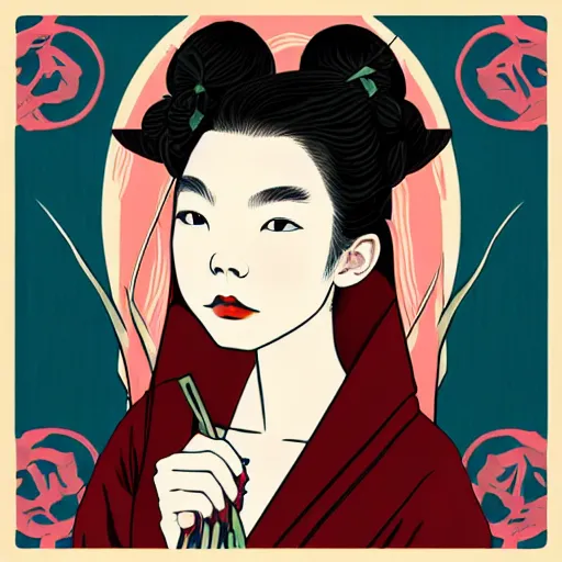 Image similar to beautiful japanese female model eating ramen soup portrait in the style of art nouveau anya taylor - joy