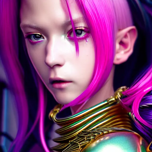 Image similar to hyperdetailed close portrait of a stunningly beautiful pink cyberpunk cute european girl made of metals and shiny iridescent gems, dark rainbow nimbus, gold necklace, puffer jacket, inspired by ross tran and masamune shirow and kuvshinov, intricate, photorealistic, octane render, rtx, hdr, unreal engine, dnd digital art by artgerm