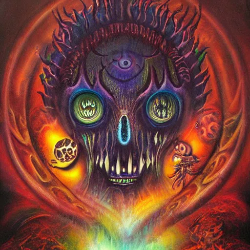 Image similar to the second layer of hell, airbrush art, shamanic dmt horror art, by basuki abdullah