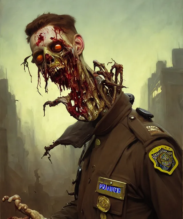 Image similar to painting of a rotting slimy zombie wearing a cop uniform by edgar maxence and rhads and leyendecker. police, award - winning digital art on pixiv, trending on artstation, cinematic lighting, dramatic lighting, stunning and beautiful scenery - highly detailed, hyperrealistic, unreal engine 5