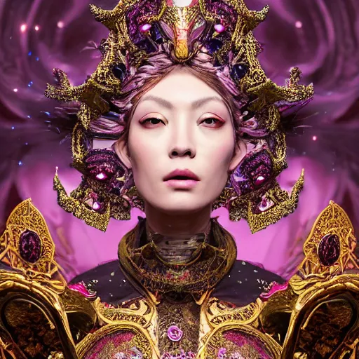 Image similar to a beautiful empress portrait, with a brilliant, impossible striking big cosmic galaxy headpiece, clothes entirely made out of cosmos chaos energy, symmetrical, dramatic studio lighting, rococo, baroque, jewels, asian, hyperrealism, closeup, D&D, fantasy, intricate, elegant, highly detailed, digital painting, artstation, octane render, 8k, concept art, matte, sharp focus, illustration, art by Artgerm and Greg Rutkowski and Alphonse Mucha