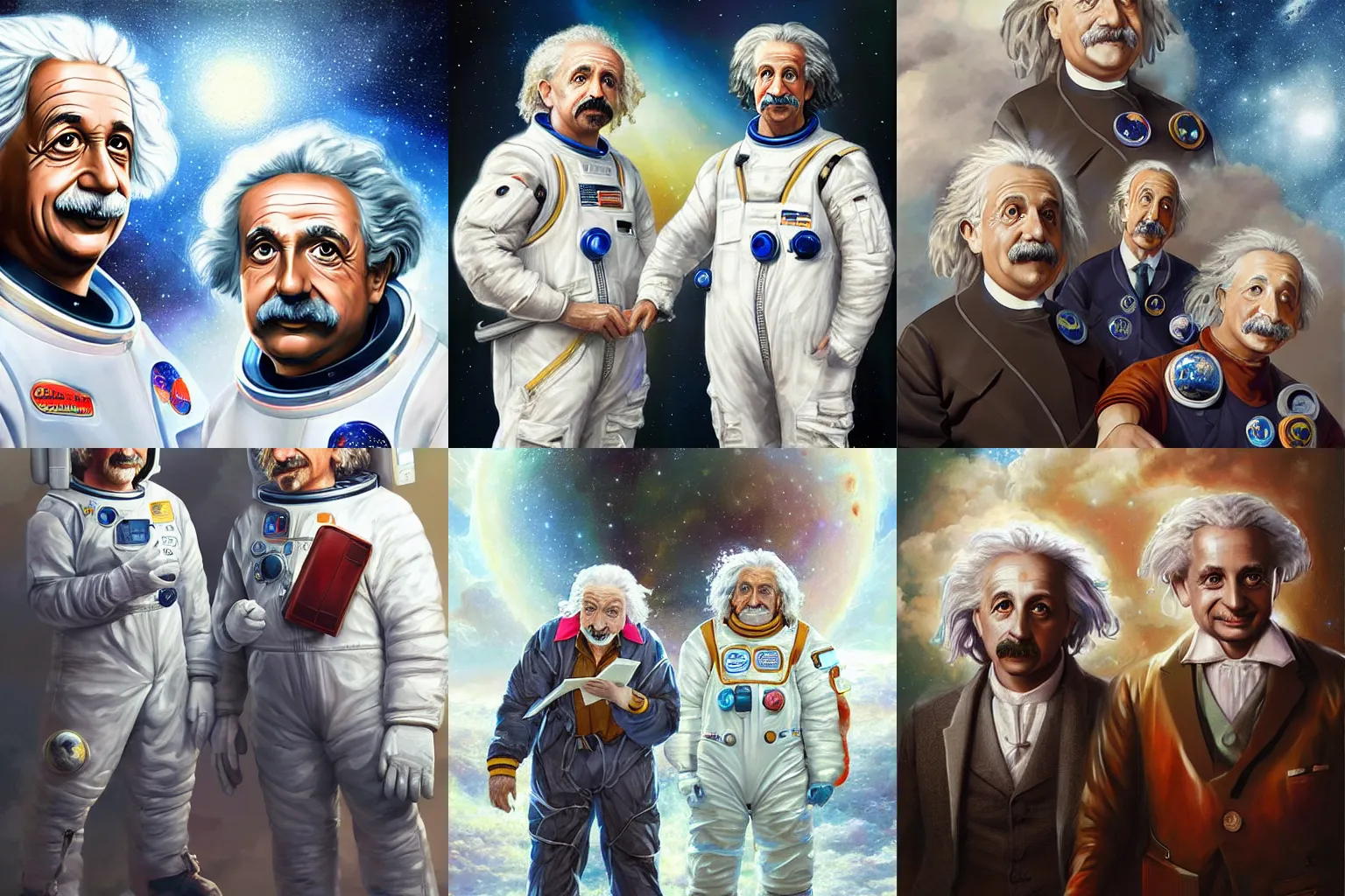 Prompt: head and shoulders masterpiece portrait of Albert Einstein and Isaac Newton wearing a spacesuit, surreal background, digital art by Krenz Cushart, trending on artstation, cgsociety,