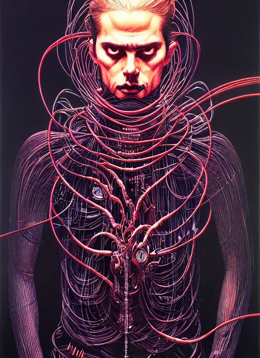 Prompt: full body concept art portrait of the dark cyberpunk man coding, a lot of cables around by ayami kojima, by francis bacon, by amano, by karol bak, greg hildebrandt, by mark brooks, by alex grey, by zdzisław beksinski, by takato yamamoto, vintage style, wrapped thermal background, high resolution, ultra detailed