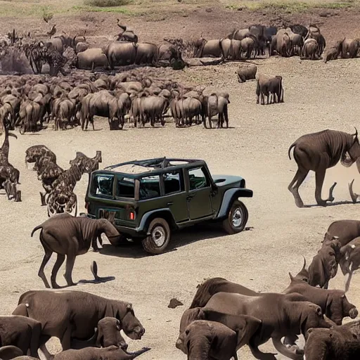 Prompt: a jeep in the middle of big animals stampede in africa