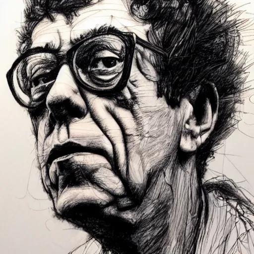 Image similar to a realistic yet scraggly portrait sketch of the side profile of a stern and sophisticated lou reed, trending on artstation, intricate details, in the style of frank auerbach, in the style of sergio aragones, in the style of martin ansin, in the style of david aja, in the style of mattias adolfsson