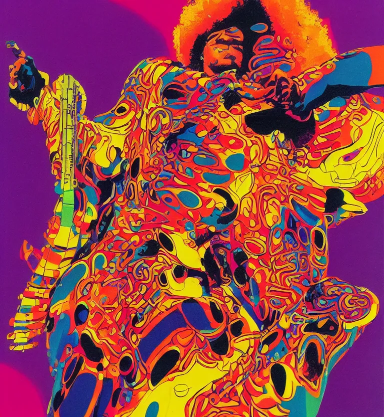 Prompt: colourful afrofuturist biomorphic opart, jimi hendrix full body, by pascal blanche and moebius and roger dean and giger and syd mead and greg hildebrandt, 8 k