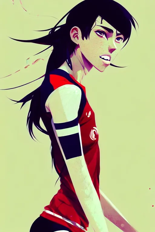 Image similar to a ultradetailed beautiful panting of a stylish girl in a volleyball jersey, by conrad roset, greg rutkowski and makoto shinkai, trending on artstation