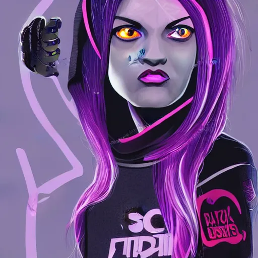 Image similar to poster artwork, sci fi, a female, full body, black hoodie techie, black hair with purple streaks, 8 k