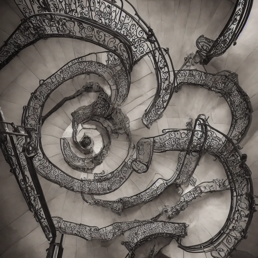 Image similar to a realistic art - nouveau spiral staircase. dark stairs. tall building, seen from the top. realistic shadows of cats. detailed, octane render, hyperrealistic, very coherent, hyper realism, high detail, octane render, 8 k