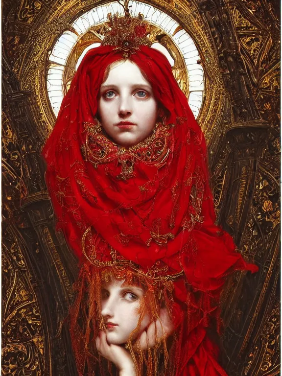 Image similar to a beautiful render of a catholic veiled red queen with symmetry intricate detailed ,heart sculpture,by Lawrence Alma-Tadema,,aaron horkey,Billelis,trending on pinterest,hyperreal,jewelry,gold,intricate,maximalist,glittering,golden ratio,cinematic lighting