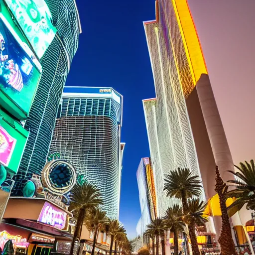 Image similar to a photo of aliens inhabiting the city of Las Vegas, Las Vegas strip, shallow depth of focus