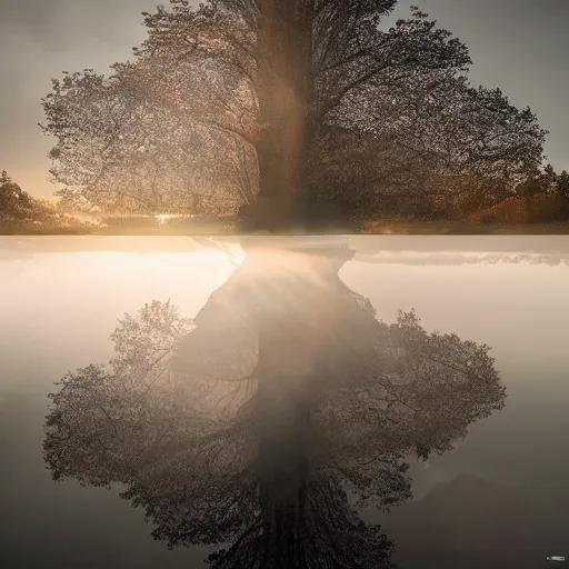 Prompt: Extremely detailed photo-realistic Illusion reflections of A Beautiful organic super structure emerging from crepuscular rays by erik johansson, studio lit, volumetric, 8k