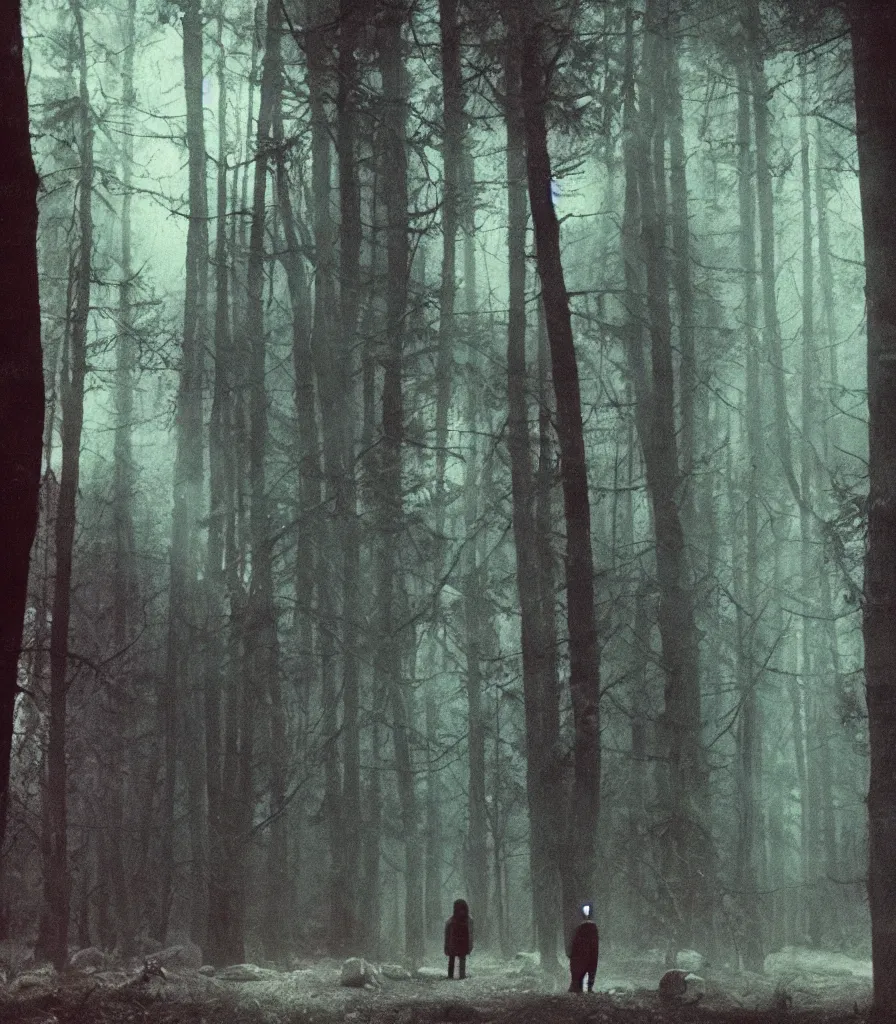 Image similar to high quality high definition colorized movie still from Haxan: a lonely ghost walking alone at night in the woods, high quality silent movie, iridescent color palette