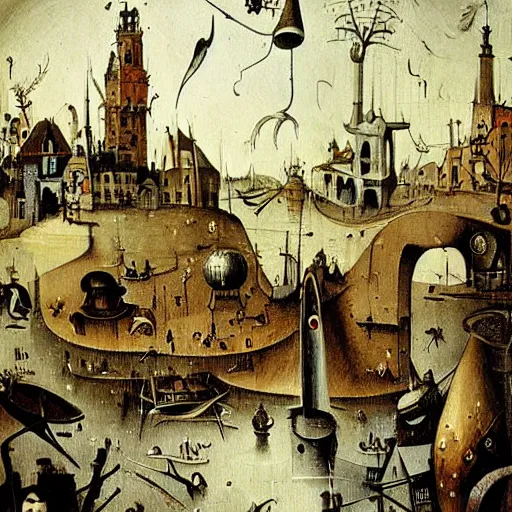 Image similar to riverside steampunk city, painting by hieronymus bosch