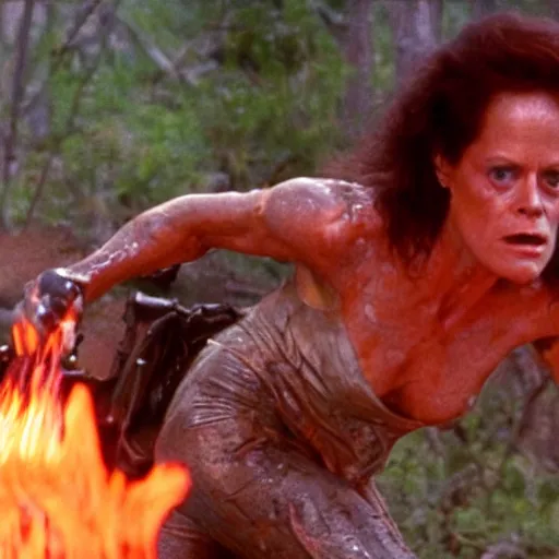 Image similar to film still of a mud - covered sigourney weaver as major dutch holding a flame thrower and hiding behind a rock from the predator in predator 1 9 8 7, hd, 8 k