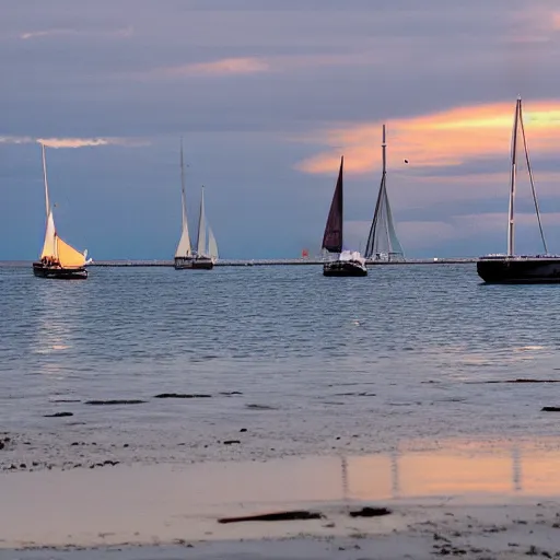 Image similar to sailboat stuck on sandbar at low tide, sunset, ewoks helping to push it free