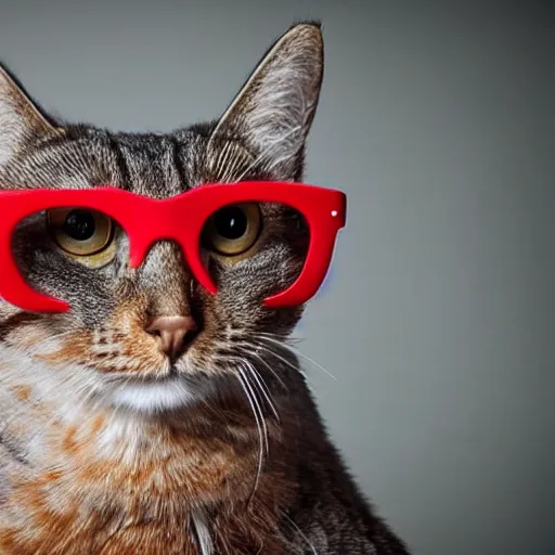 Prompt: a portrait of a very handsome!!! chicken with small red fashionable!!!! cat eye glasses!!! Staring at the camera!!!