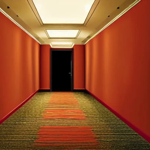 Prompt: an erie hotel corridor with red carpet, at the end of the corridor the light comes from a window, dust particles in the air