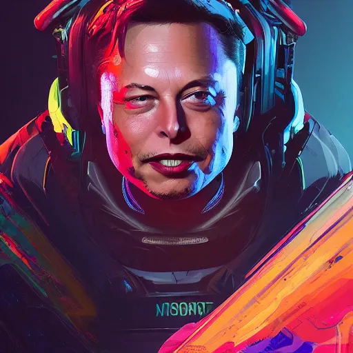 Image similar to elon musk as apex legends character, digital illustration portrait design, by android jones and greg rutkowski, retrowave color scheme, detailed, cinematic lighting, wide angle action dynamic portrait