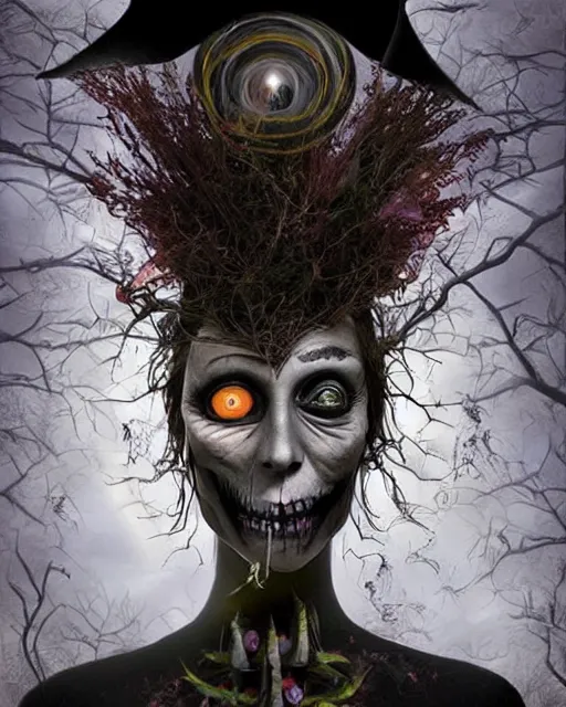 Prompt: halloween witch theme surrealist art in the styles of igor morski, jim warren, and a tim burton film, intricate, hyperrealistic, accurate facial details, profile picture with chromakey background, volumetric lighting