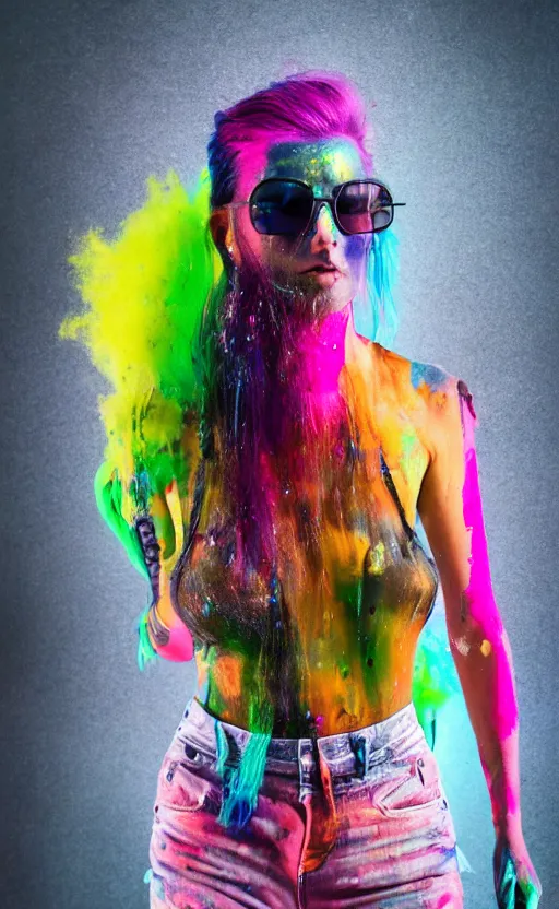 Image similar to grungy woman, rainbow hair, soft eyes and narrow chin, dainty figure, wet t-shirt, torn overalls, skimpy shorts, covered in neon paint, luminescent, dark, dramatic, cinematic, Sony a7R IV, symmetric balance, polarizing filter, Photolab, Lightroom, 4K, Dolby Vision, Photography Award