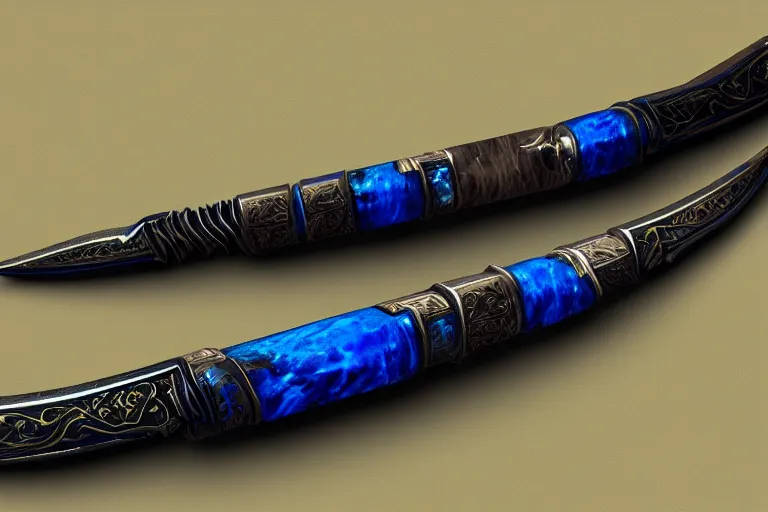 Prompt: arabian saber, object, close - up, blue edge, curved blade, obsidian metal, artstation, intricate